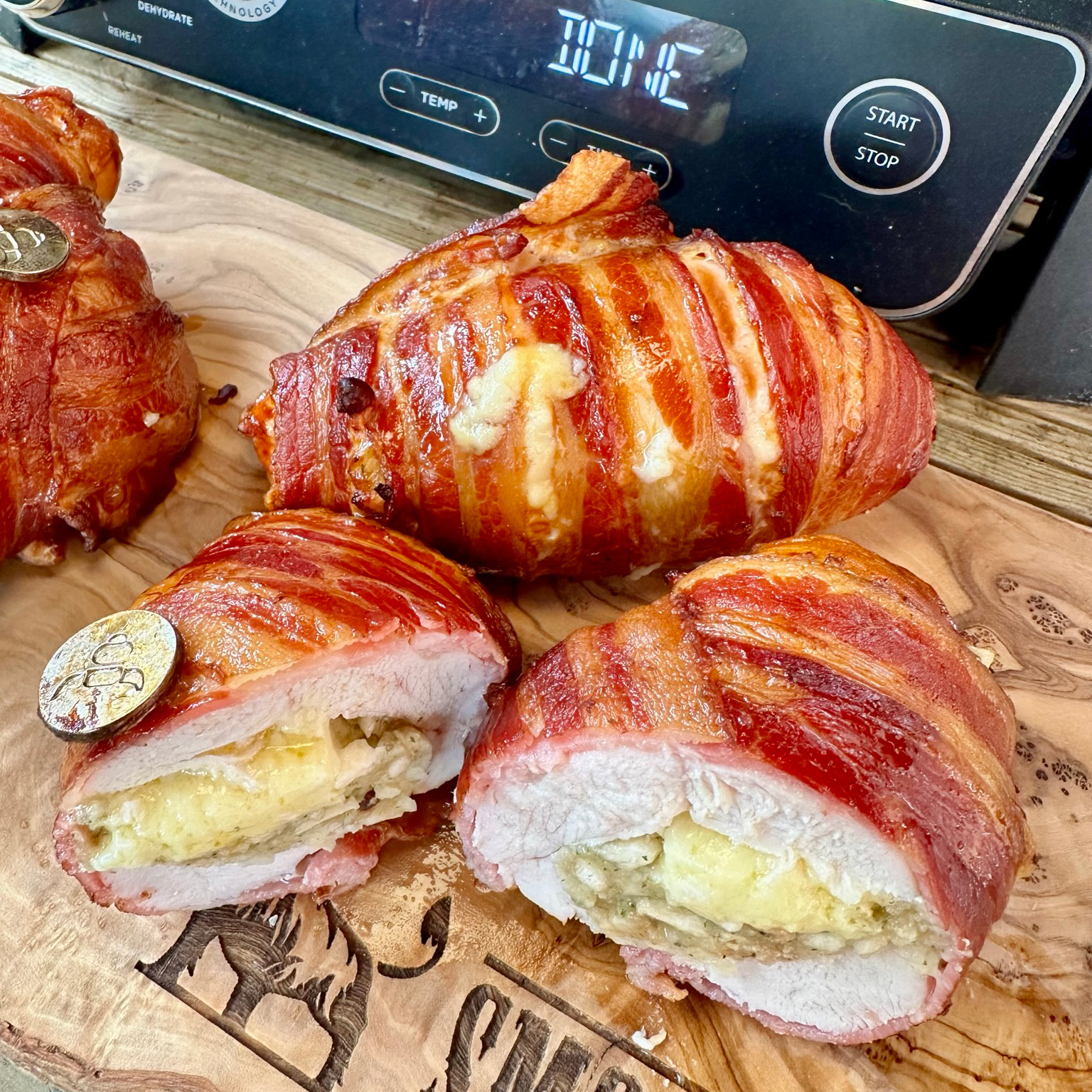 Sage, Onion, and Cheddar Stuffed Chicken Wrapped in Bacon