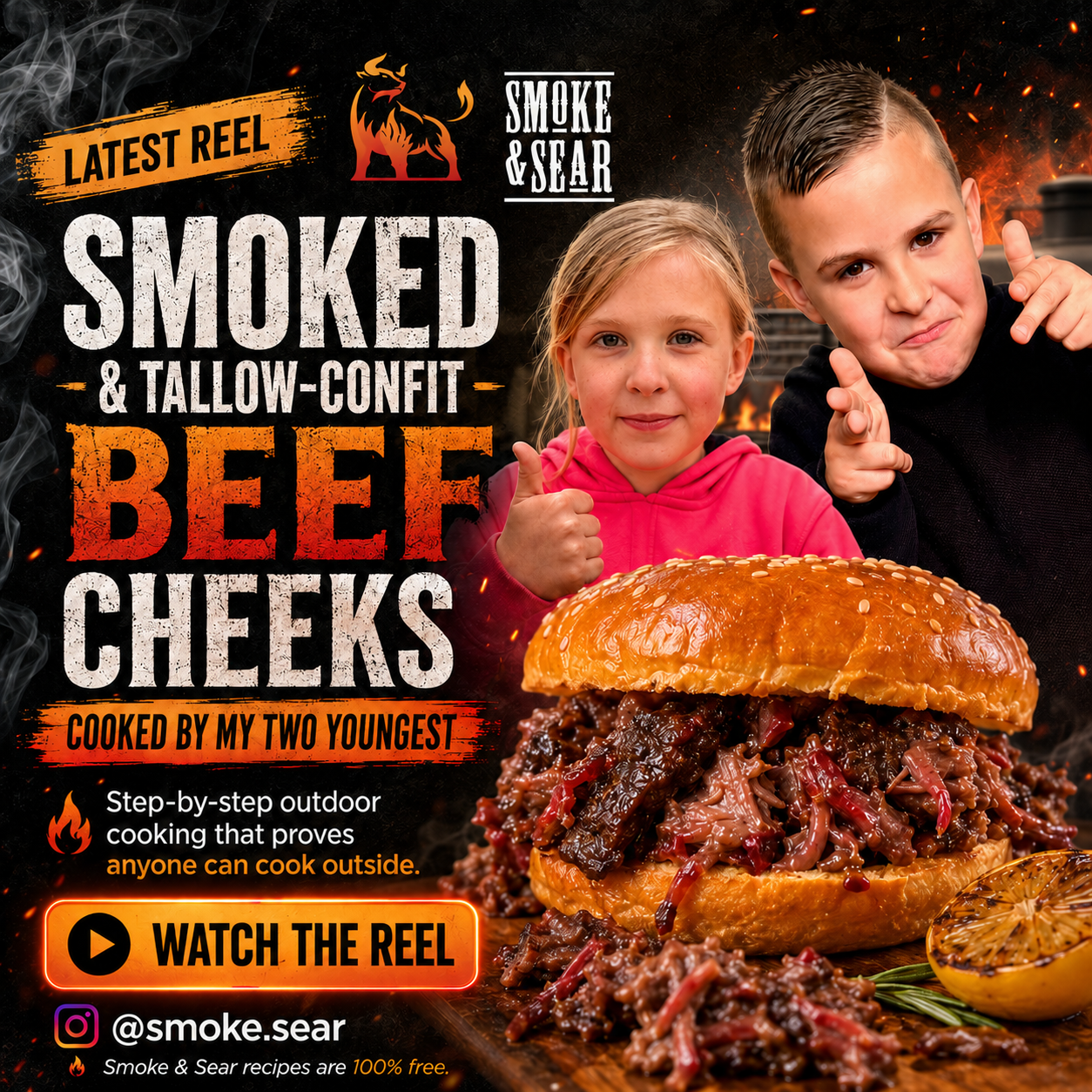 moke & Sear promotional image showing two children with smoked and tallow-confit beef cheeks in brioche buns, proving anyone can cook outside.