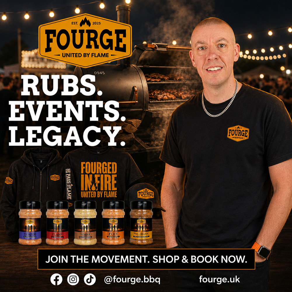 FOURGE promotional image featuring Lee from Smoke and Sear as part of the FOURGE BBQ team, promoting rubs, events, merch and live-fire cooking.