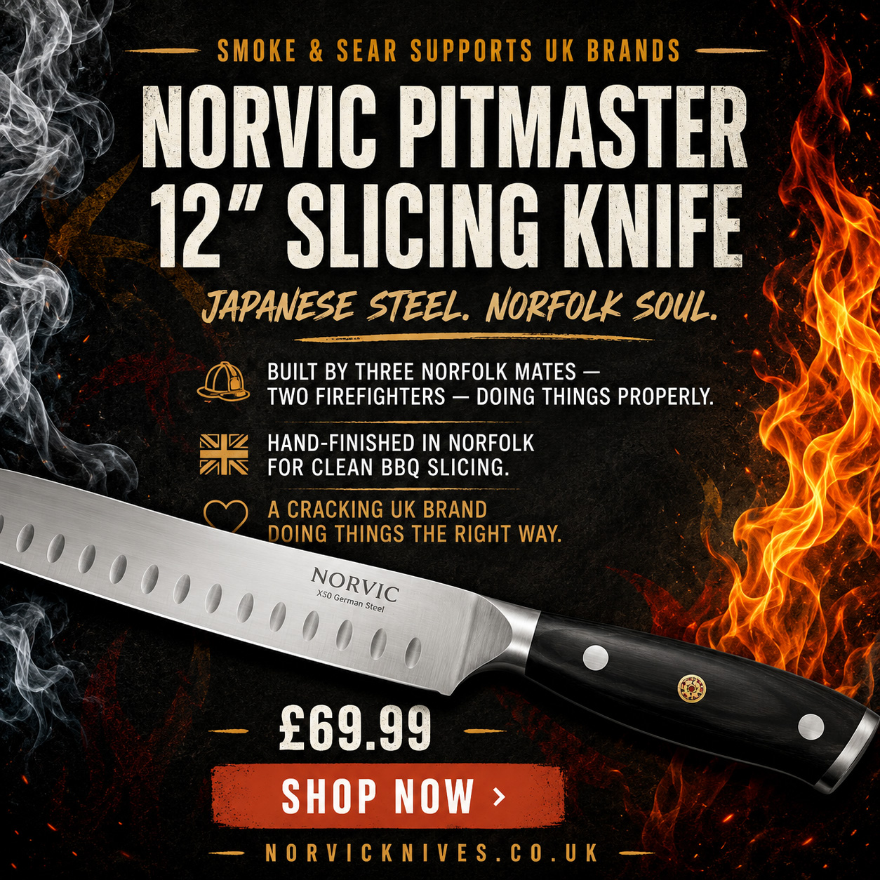 Norvic Pitmaster 12 inch slicing knife promotional image for Smoke & Sear supporting a UK brand.
