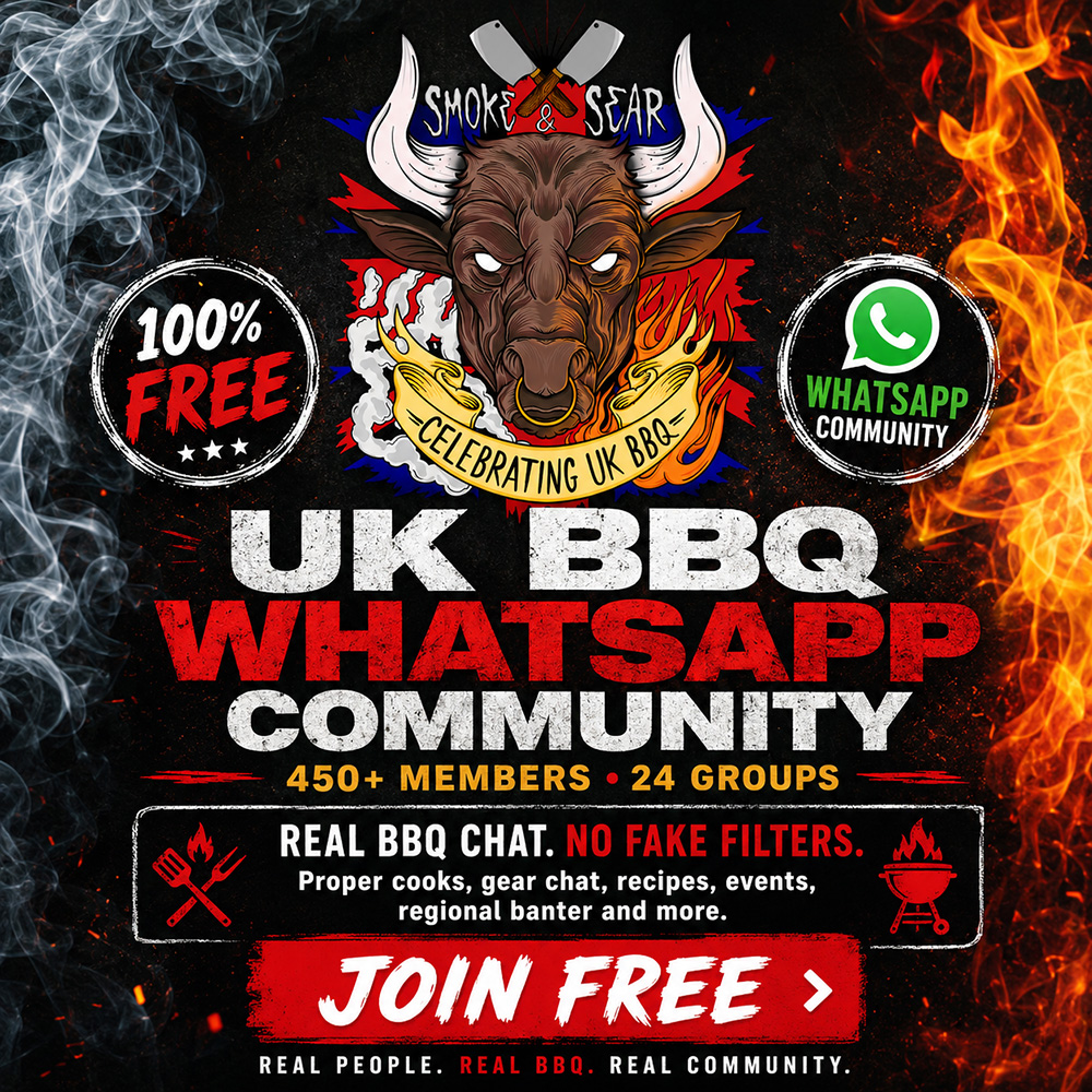 UK BBQ WhatsApp Community promotional image for a free UK BBQ community with real BBQ chat, recipes, events, gear talk and regional groups.