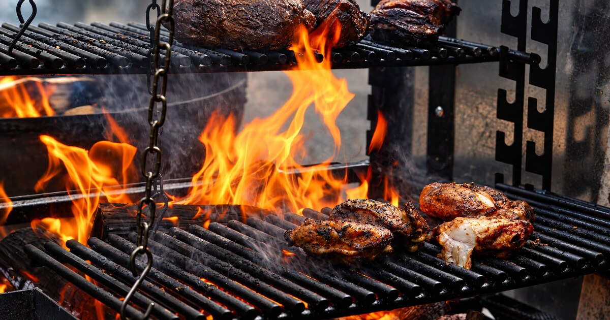 Illustrative close-up of meat cooking over flames on a live-fire grill.