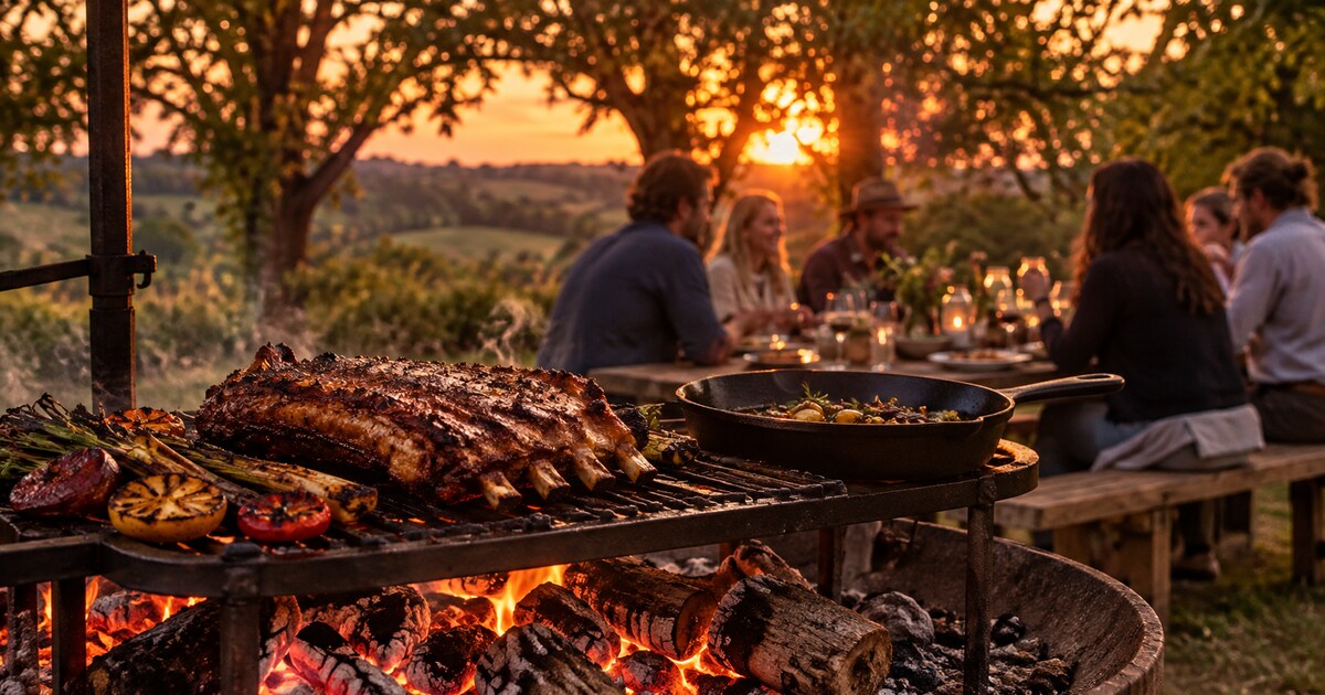 Illustrative ribs cooking over an open fire at a countryside feast.