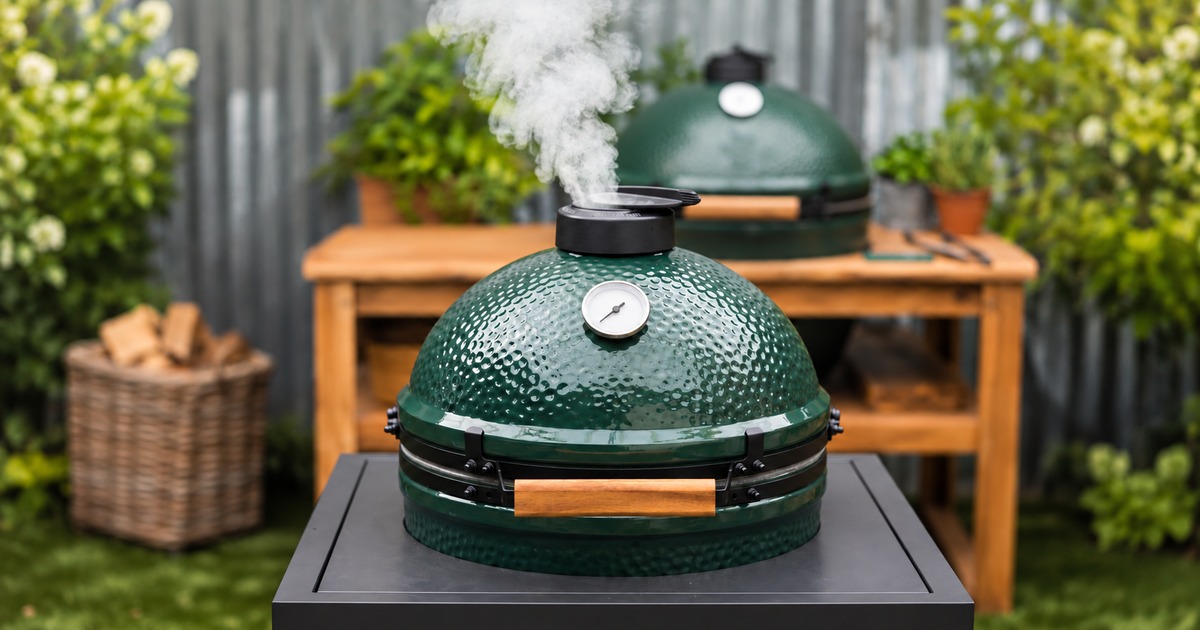 Green ceramic barbecue in Borough Kitchen’s promotional photograph, with branding removed.