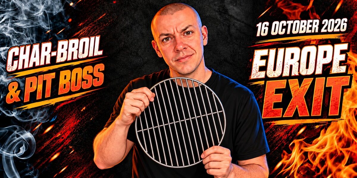 Lee Bishop holding a grill grate on the UK BBQ news cover for 16 October 2026, with the headline Char-Broil and Pit Boss Europe exit.